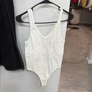 Ribbed V-Neck Seamless White Bodysuit - Women's S/M